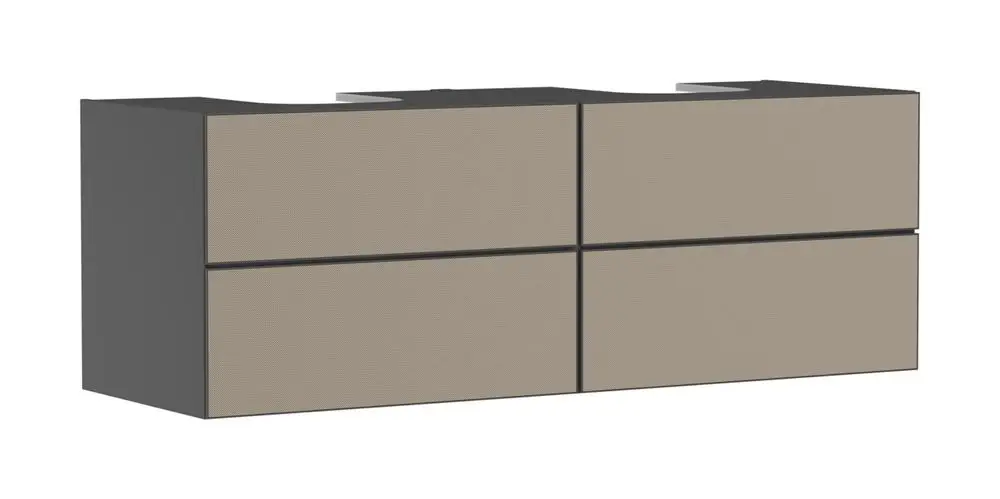 Waschtischunterschrank in Schiefergrau von Hansgrohe mit vier Schubkästen, geeignet für zwei Aufsatzwaschtische. Geometrisches Design ohne erkennbare Maße.